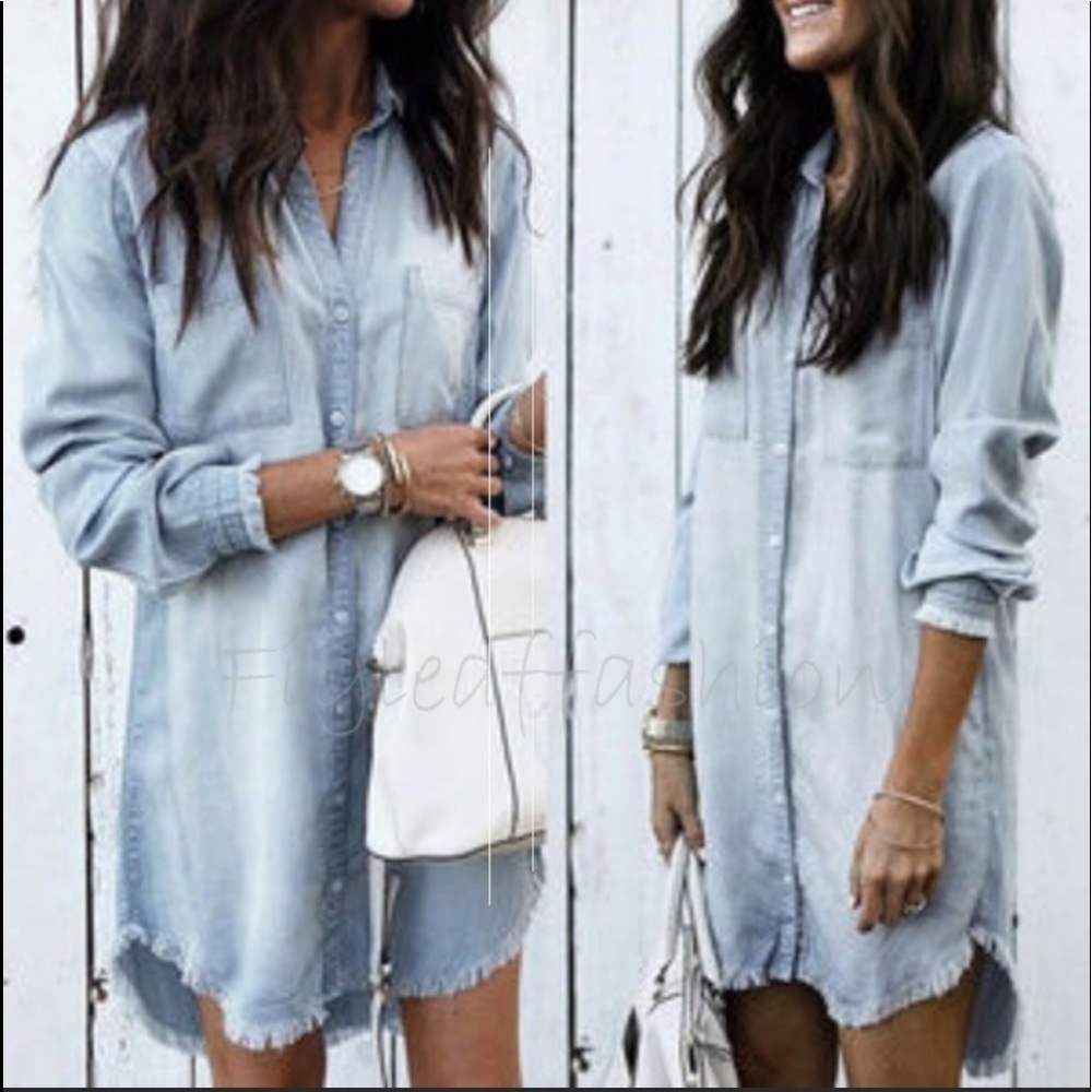 Figleaffashion Frayed Denim Long Sleeve Dress NWT